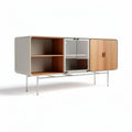 Wooden and glass sideboard cabinet with open shelves 160 x 40 x 80cm