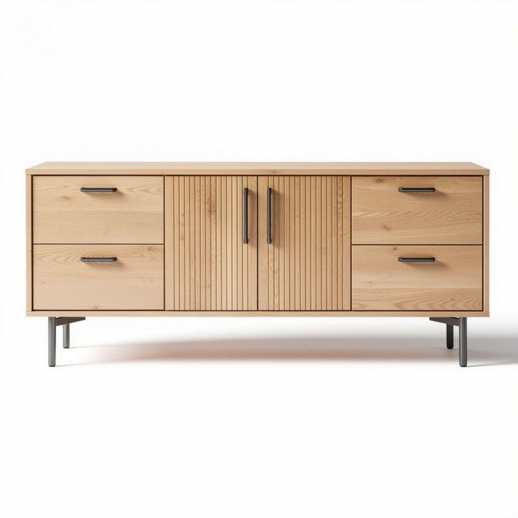 Natural wood grain console table with four drawers and two doors 120 x 40 x 50cm