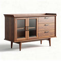 Mid-century modern wooden sideboard with glass doors and three drawers 120 x 45 x 75cm