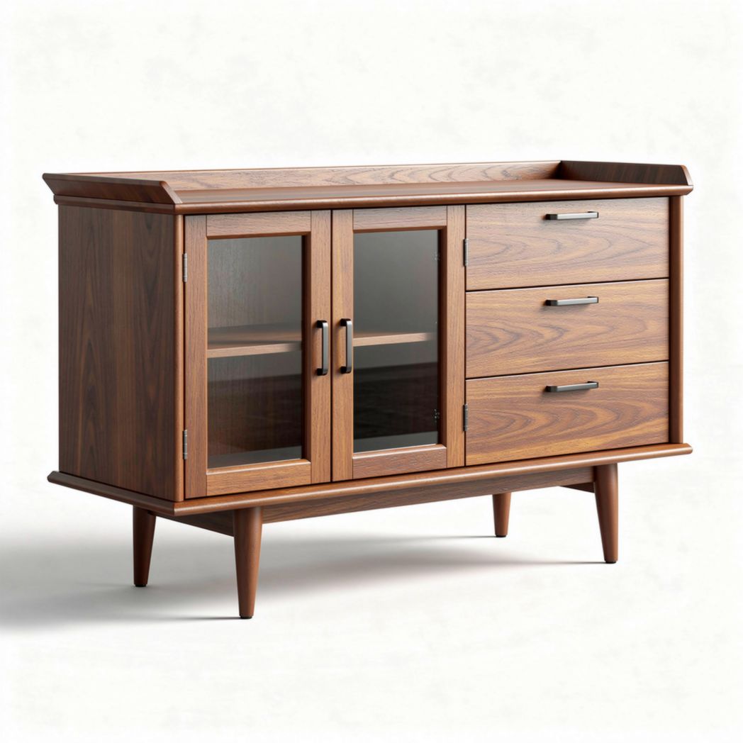 Mid-century modern wooden sideboard with glass doors and three drawers 120 x 45 x 75cm