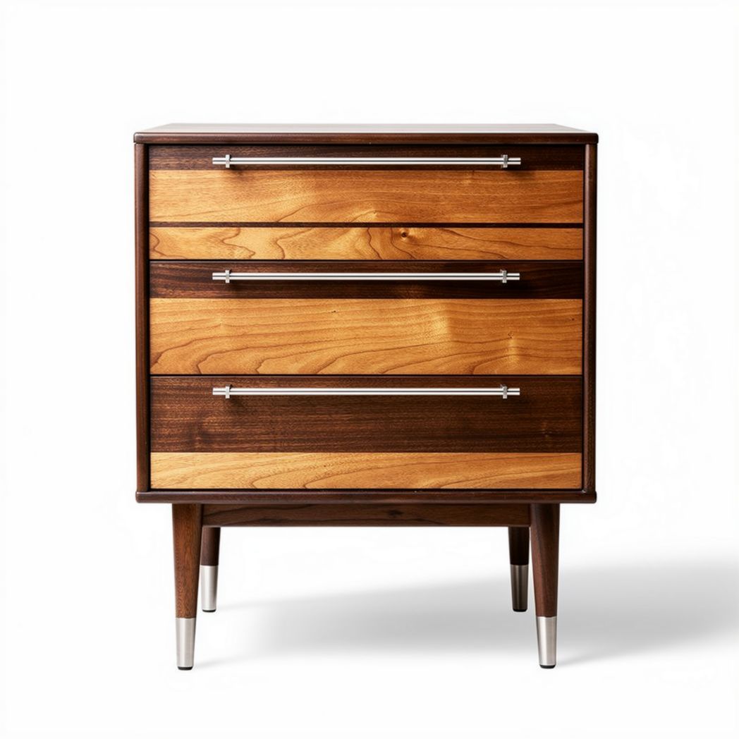 Mid-century modern wooden nightstand with three drawers and tapered legs 80 x 50 x 75cm
