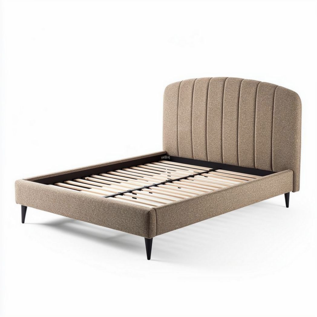 Upholstered bed frame with wooden slats and curved headboard beige 200 x 160 x 100cm