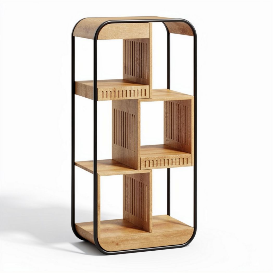 Wooden bookshelf with open storage design and metal frame 30 x 15 x 90cm