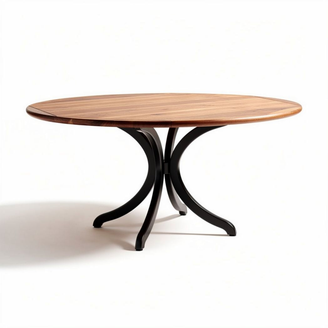 Round walnut dining table with black metal base 120 x 120 x 75cm