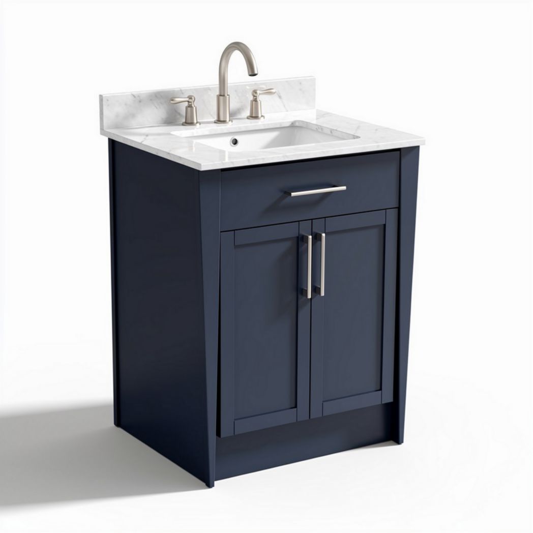Navy blue bathroom vanity with white marble countertop 80 x 50 x 85cm