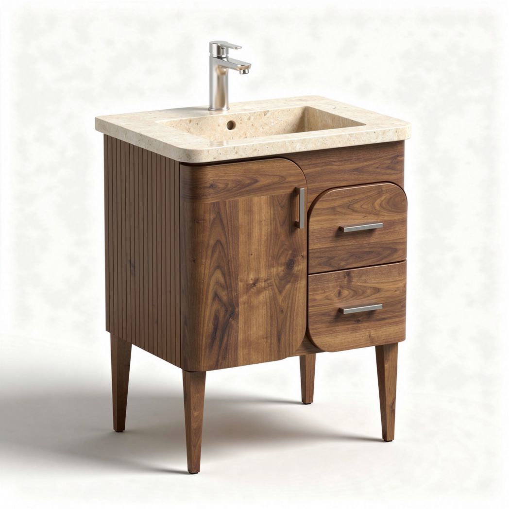 Vanity cabinet with natural stone top walnut finish and two drawers 60 x 45 x 85cm