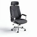 Ergonomic office chair with adjustable headrest and padded arms in gray fabric, dimensions 120 x 60 x 50cm