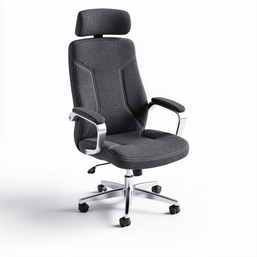 Ergonomic office chair with adjustable headrest and padded arms in gray fabric, dimensions 120 x 60 x 50cm