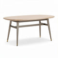Oval coffee table with wood top and metal legs in brown and gold finish