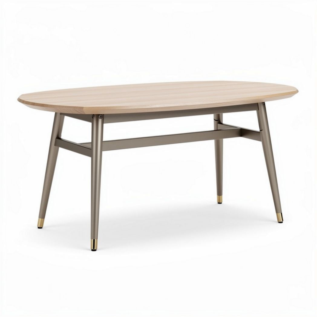 Oval coffee table with wood top and metal legs in brown and gold finish