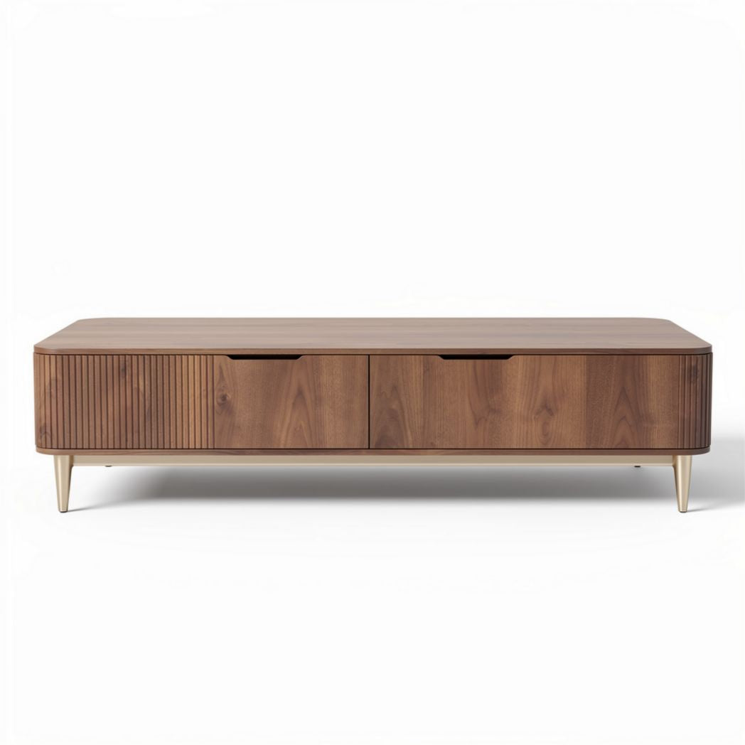 Walnut wood coffee table with storage drawers and modern design 150 x 50 x 40cm